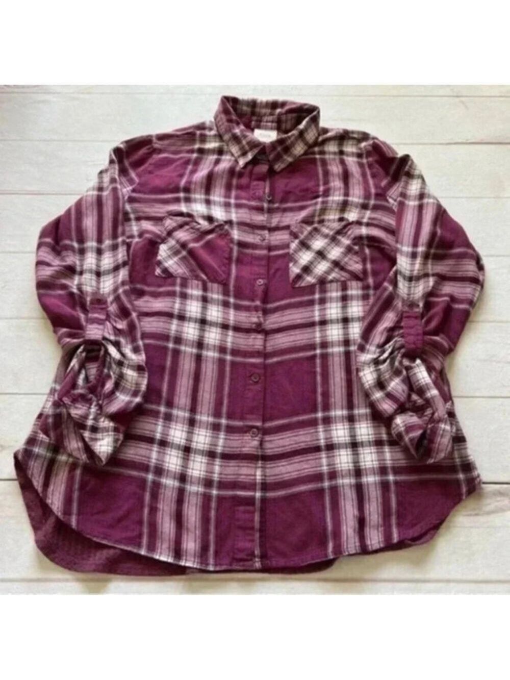 Knox Rose Womens L Waffle Knit Flannel Long Sleeve Plaid Button Up Purpl…